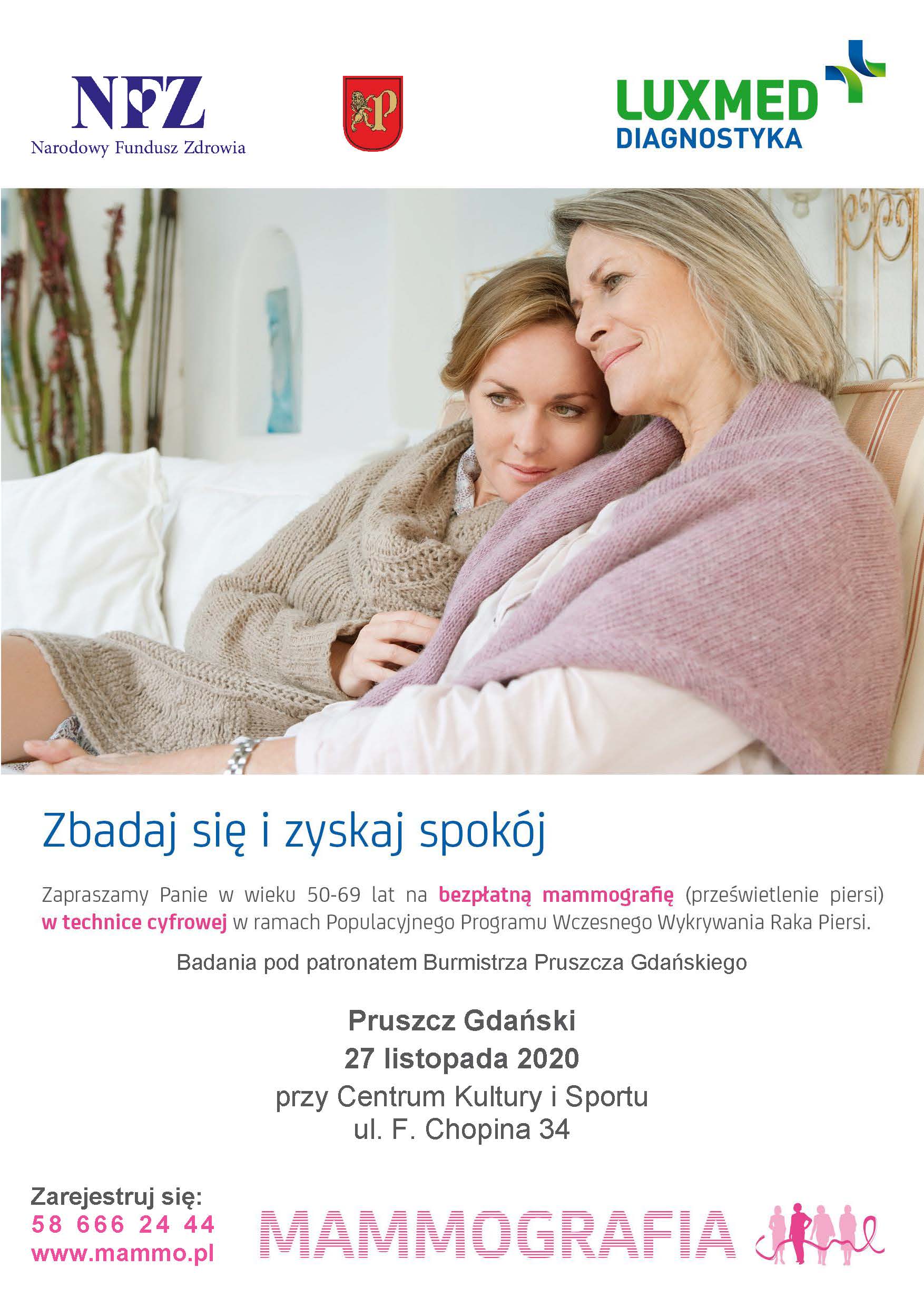 Wydarzenie: Bezpłatna mammografia dla mieszkanek Pruszcza Gdańskiego, Kiedy? 2020-11-27 08:00, Gdzie? 